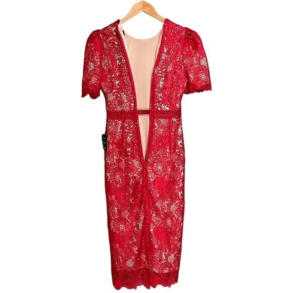 NWT Lulus Red Crochet Lace Amore Fitted Midi Dress Size XS Wedding Guest NEW - Picture 3 of 14